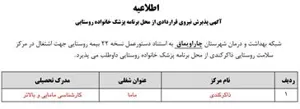 آگهی پذیرش نیروی قراردادی از محل برنامه پزشک خانواده روستایی