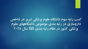 کسب رتبه سوم دانشگاه علوم پزشکی تبریز در شاخص داروسازی در رتبه بندی موضوعی دانشگاههای علوم پزشکی کشور در نظام رتبه بندی QS سال 2025